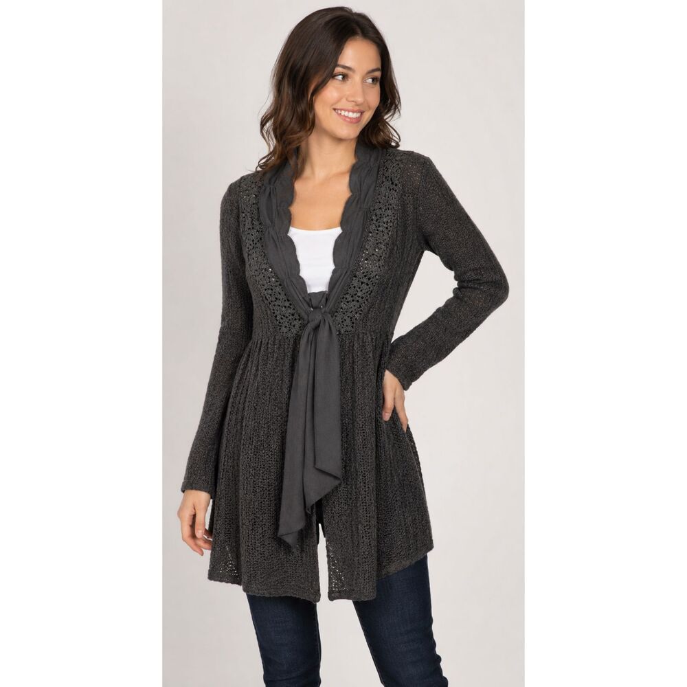 Areve Women Gray Ruffle Bow Lace Trim Longline Boho Cardigan Sweater Sz S 1110H3